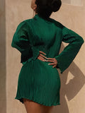 Romildi Lettuce Trim Textured Dress, Elegant Solid Flared Sleeve Dress, Women's Clothing