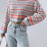 Romildi Colorful Printing Knit Sweater, Casual Crew Neck Long Sleeve Sweater, Women's Clothing