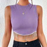 Fringe Hem Crop Tank Top, Sexy Sleeveless Tank Top For Summer, Women's Clothing