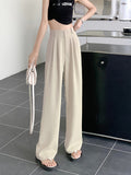 Romildi Solid Draped Straight Leg Pants, Casual High Waist Loose Suit Pants, Women's Clothing