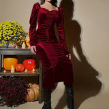 Romildi Ruched Sweetheart Neck Dress, Vintage Long Sleeve Bodycon Dress, Women's Clothing