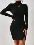 Romildi Split Turtleneck Bodycon Dress, Elegant Solid Long Sleeve Dress, Women's Clothing