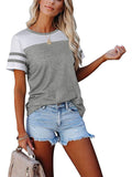 Romildi Two Tone Basic Crew Neck T-shirt, Casual Loose Short Sleeve Fashion Summer T-Shirts Tops, Women's Clothing