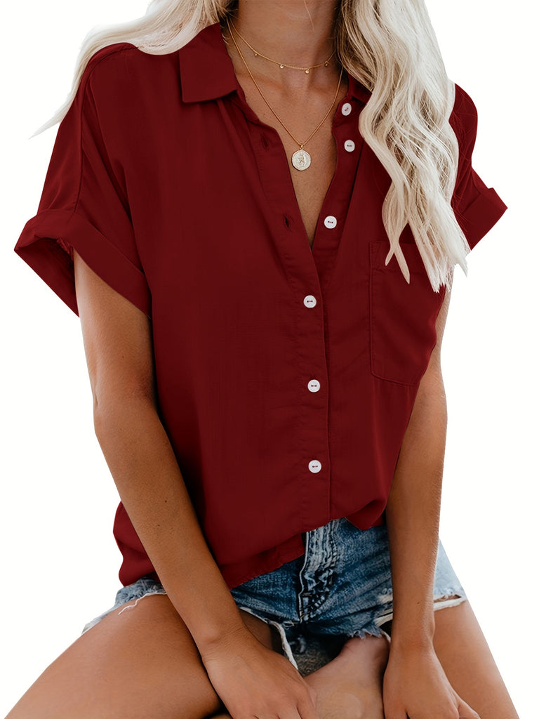 Romildi Romildi V Neck Collared Button Blouses, Casual Pocket Short Sleeve Fashion Loose Shirt, Women's Clothing
