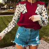 Romildi Contrast Leopard Pattern Crew Neck Knit Top, Casual Long Sleeve Pullover Sweater For Fall & Winter, Women's Clothing