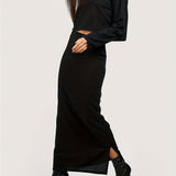 Romildi Elegant Solid Two-piece Skirt Set, Crew Neck Long Sleeve Top & High Waist Slit Skirts Outfits, Women's Clothing