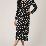 Romildi Polka Dot Print Long Sleeve Dress, Casual V Neck Split Hem Dress For Spring & Fall, Women's Clothing