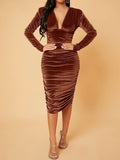 Romildi Ruched Plunging Solid Dress, Elegant Long Sleeve Bodycon Party Dress, Women's Clothing