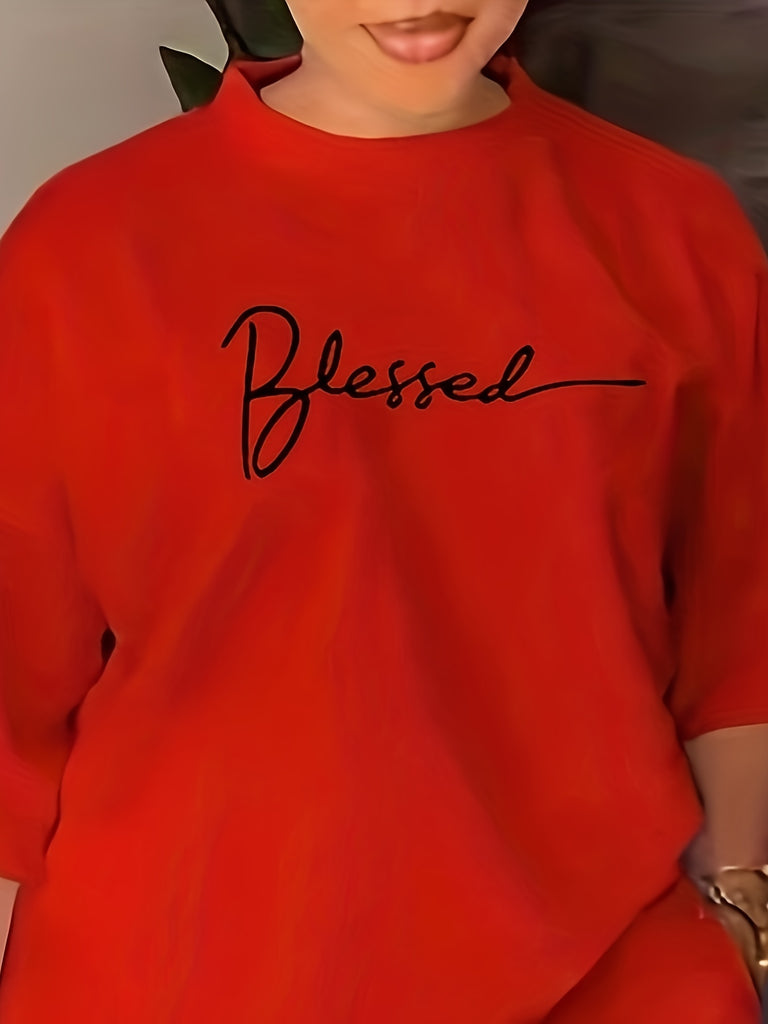 Romildi Blessed Letter Print Two-piece Set, Short Sleeve Crew Neck T-shirt & Slant Pockets Pants Outfits, Women's Clothing