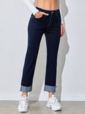Romildi Raw Hem Rolled Legs Mid Rise Slim Fit Straight Legs High Stretchy Washed Blue Color Vintage Straight Jeans, Women's Denim Jeans