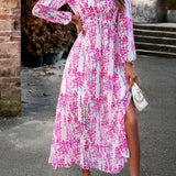 Romildi Floral Print Maxi Dress, Casual V Neck Long Sleeve Dress, Women's Clothing