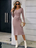 Romildi Solid V-neck Tie Waist Dress, Elegant Long Sleeve Bodycon Dress For Spring & Fall, Women's Clothing