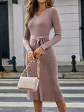 Romildi Solid V-neck Tie Waist Dress, Elegant Long Sleeve Bodycon Dress For Spring & Fall, Women's Clothing