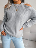 Romildi Solid Color Crew Neck Cold Shoulder Knitted Tops, Casual Everyday Pullover Sweaters, Women's Clothing