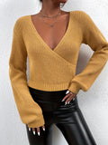 Romildi Solid Surplice Neck Knit Sweater, Casual Long Sleeve Crop Sweater, Women's Clothing