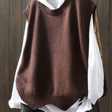 Romildi Solid Crew Neck Knitted Vest, Casual Sleeveless Loose Sweater, Women's Clothing