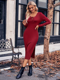 Romildi Solid Tie Neck Dress, Sexy Long Sleeve Split Bodycon Dress, Women's Clothing