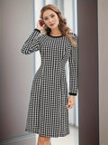 Romildi Houndstooth Pattern Contrast Trim Dress, Elegant Long Sleeve Crew Neck Dress, Women's Clothing