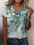 Romildi Floral Print V Neck T-Shirt, Casual Short Sleeve Top For Summer & Spring, Women's Clothing