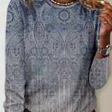 Romildi Women's Plus Size Boho T-Shirt - Paisley Print Long Sleeve Round Neck Slight Stretch Tee for Comfortable and Stylish Look