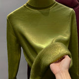 Romildi Solid Turtle Neck Fleece Pullover Sweater, Elegant Long Sleeve Slim Thermal Sweater, Women's Clothing