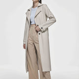Romildi Solid Faux Leather Double Lapel Long Sleeve Trench Coat, Fashion Fall Winter Overcoat, Women's Clothing