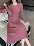 Romildi Solid Color Long Sleeve Knit Dress, Chic Long Sleeve Crew Neck A-line Dress, Women's Clothing
