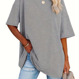 Romildi Drop Shoulder Half Sleeve T-Shirt, Loose Crew Neck Casual Top For Summer & Spring, Women's Clothing