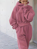 Romildi 2pcs Athleisure Set, Oversized Solid Hooded Pocket Drawstring Sweatshirts & Sweatpants Sets, Women's Clothing