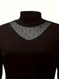 Romildi Contrast Mesh Mock Neck Knitted Top, Elegant Long Sleeve Slim Sweater, Women's Clothing