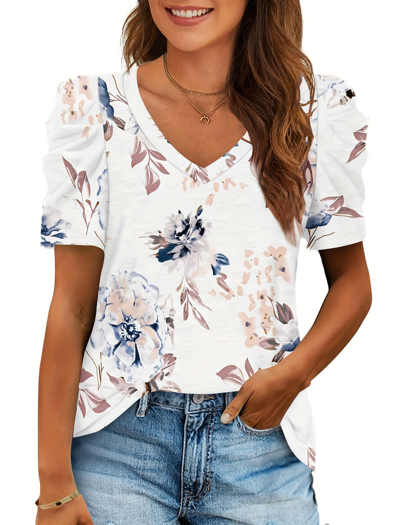 Romildi Vintage Floral Print T-Shirt, Random Print V Neck Short Sleeve Casual Top For Summer & Spring, Women's Clothing