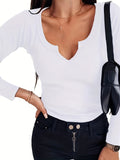 Romildi Solid Ribbed Notch Neck T-Shirt, Casual Long Sleeve Top For Spring & Fall, Women's Clothing
