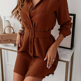 Romildi Button Shirt Dress With Belt, Elegant Long Sleeve Dress For Spring & Fall, Women's Clothing