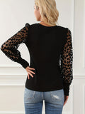 Romildi Leopard Illusion Sleeve Top, Casual Crew Neck Slim Top, Women's Clothing