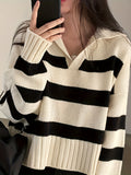 Romildi Striped Turndown Collar Pullover Sweater, Casual Long Sleeve Loose Sweater, Women's Clothing