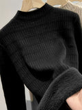 Romildi Solid Mock Neck Fleece Rib Knit Sweater, Casual Long Sleeve Slim Versatile Sweater, Women's Clothing