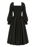 Romildi Tie Front Lantern Long Sleeve Dress, Casual Solid Squared Neck Dress, Women's Clothing