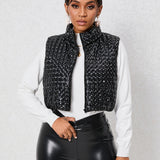 Romildi Solid Zip Up Cotton-padded Coat, Elegant Sleeveless Outwear For Winter, Women's Clothing