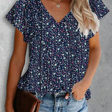 Romildi Romildi Floral Print V Neck Blouse, Short Sleeve Vacation Casual Top For Summer & Spring, Women's Clothing