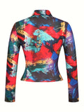 romildi All Over Print Collared T-Shirt, Casual Long Sleeve Top For Spring & Fall, Women's Clothing