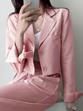 Romildi Solid Button Front Crop Blazer, Elegant Lapel Long Sleeve Blazer For Office & Work, Women's Clothing