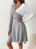 Romildi Ribbed Color Block Dress, Elegant A-line V Neck Long Sleeve Dress, Women's Clothing