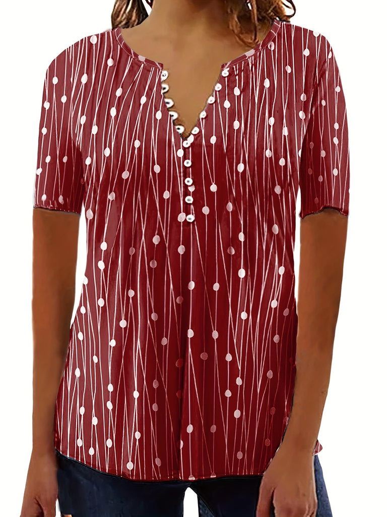 Romildi Polka Dot Button T-Shirt, V Neck Short Sleeve T-Shirt, Casual Every Day Tops, Women's Clothing