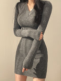 Romildi Solid Knit Sweater Dress, Elegant V Neck Long Sleeve Bodycon Dress For Fall & Winter, Women's Clothing