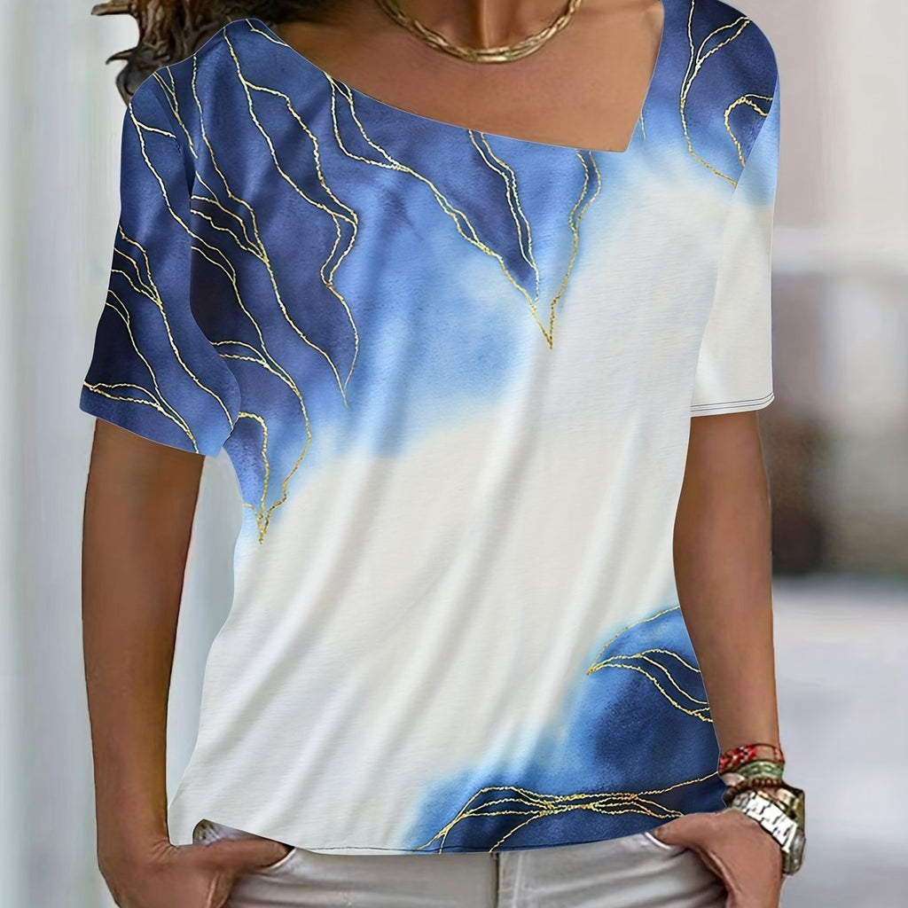 Romildi Marble Print Asymmetrical T-shirt, Casual Short Sleeve V Neck Summer T-shirt, Women's Clothing