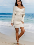 Romildi Rib Knit Sweater Dress, Sexy V Neck Long Sleeve Bodycon Dress, Women's Clothing