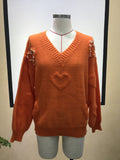 Beaded Heart V Neck Pullover Sweater, Casual Long Sleeve Drop Shoulder Sweater, Women's Clothing