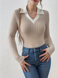 Romildi Slim Rib Knit Sweater, Casual V Neck Long Sleeve Sweater, Women's Clothing