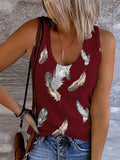 Romildi Feather Print Crew Neck Tank Top, Casual Sleeveless Tank Top For Summer, Women's Clothing