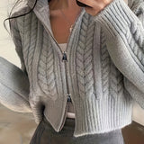 Romildi Solid Zip Up Cable Knit Cardigan, Casual Turndown Collar Long Sleeve Crop Sweater, Women's Clothing